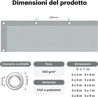 Telone occhiellato grigio 4 x 7 m resistente alle
