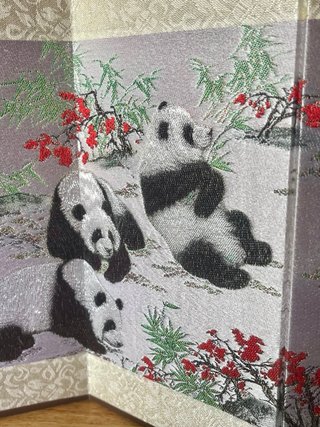 Biombo chino de tela con pandas, 6 paneles, 64×22