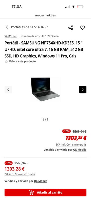 Portátil Samsung 15 Ultra 7 16GB RAM 512GB SSD