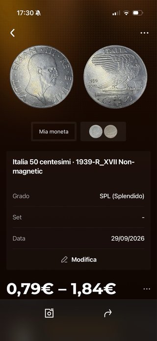 Moneta 50 Centesimi Italia 1939-R XVII