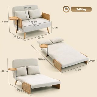 Sofá Cama 2 Plazas 3 en 1 con Mesa Lateral Crema