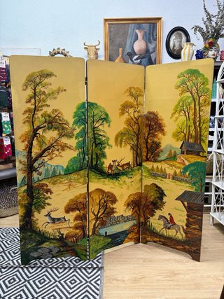 Biombo Antiguo de Madera Pintado a Mano