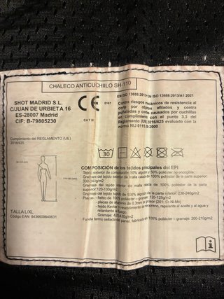 Chaleco anticorte y antipunzón SHOKE modelo SH110