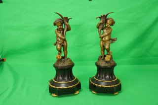 Par Querubines Bronce Base Mármol Negro