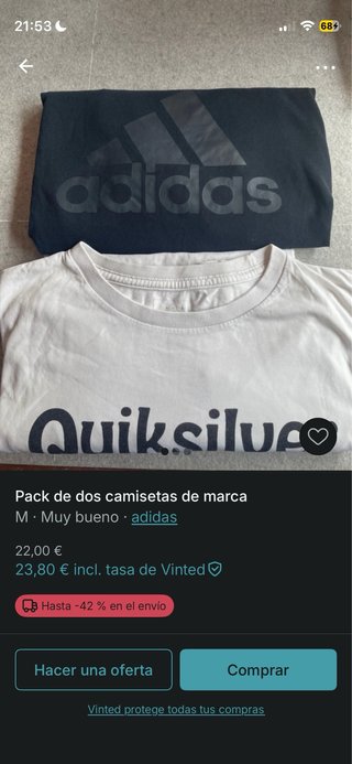 Pack 2 Camisetas Adidas y Quiksilver Talla M