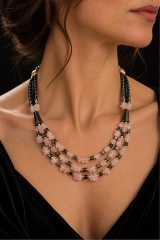 Collana vintage quarzo rosa e ematite
