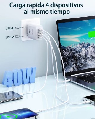 Cargador USB C, 40W 4-Puertos Cargador iPhone Carg