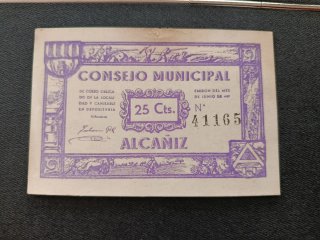 Billete Local 25 Céntimos Alcañiz 1937