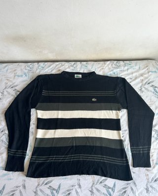Jersey Lacoste Rayas Negro Gris Blanco Cuello Redo