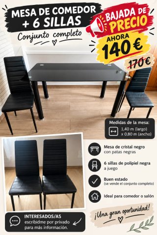 Mesa comedor cristal negro + 6 sillas