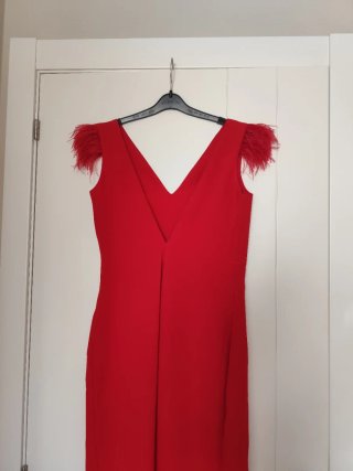 Vestido fiesta largo rojo plumas