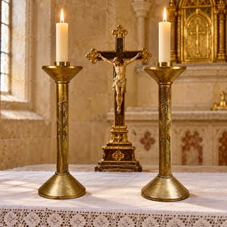 Pareja de candeleros de altar con crismón 37,5 cm