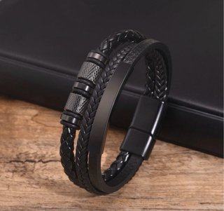 Pulsera Negra Hombre Cuero y Metal
