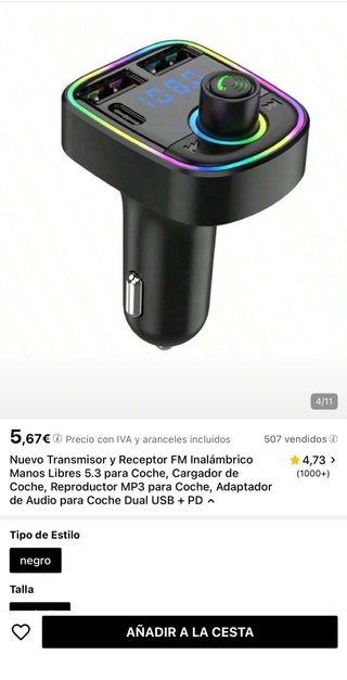 Transmisor FM Bluetooth Coche Dual USB