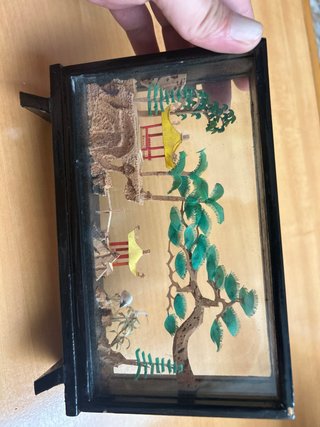 Antiguo Diorama Chino de Corcho Tallado - Vintage
