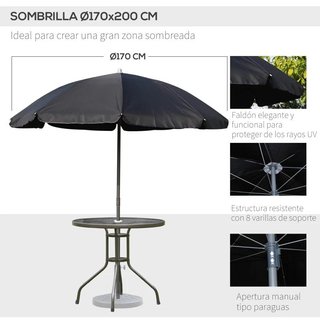 Conjunto Jardín 4 Sillas Mesa y Parasol Negro