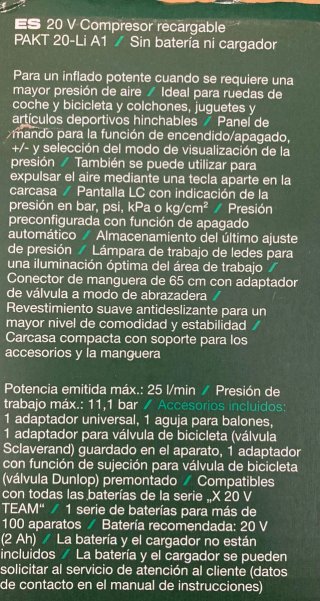 Compresor de aire Parkside 20V