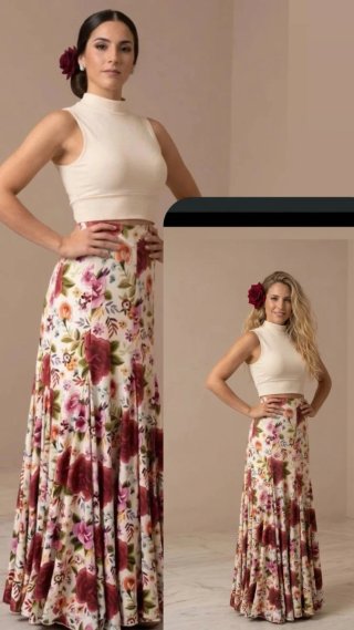 Falda Flamenco Estampado Flores Talle Alto