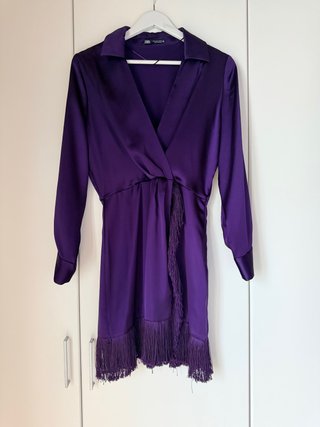 Vestido fiesta Zara morado flecos talla S
