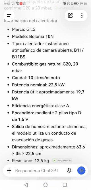 Calentador de gas GILS Bolonia 10N