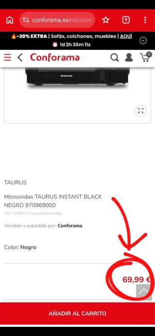 Microondas Taurus Negro 20L