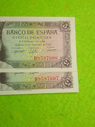 Pareja 2 Billetes de 5 Pesetas 1943 sin circular