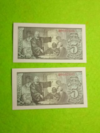 Pareja 2 Billetes de 5 Pesetas 1943 sin circular