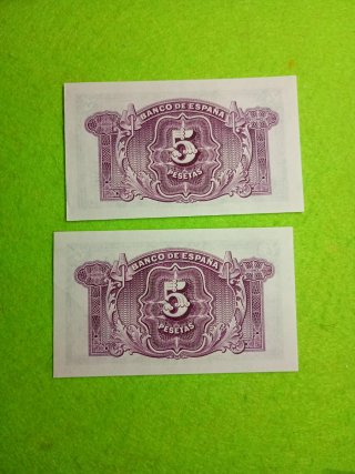 Pareja 2 Billetes 5 Pesetas 1935. Última serie.