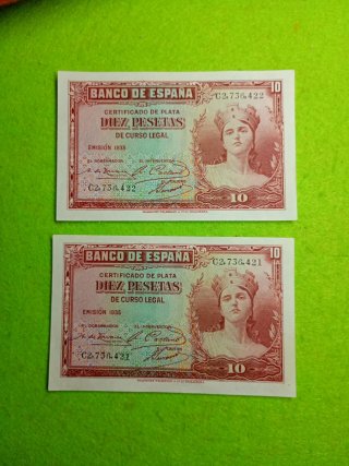 Pareja 2 Billetes de 10 Pesetas 1935 sin circular