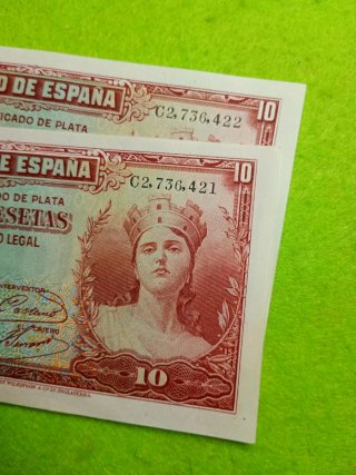Pareja 2 Billetes de 10 Pesetas 1935 sin circular
