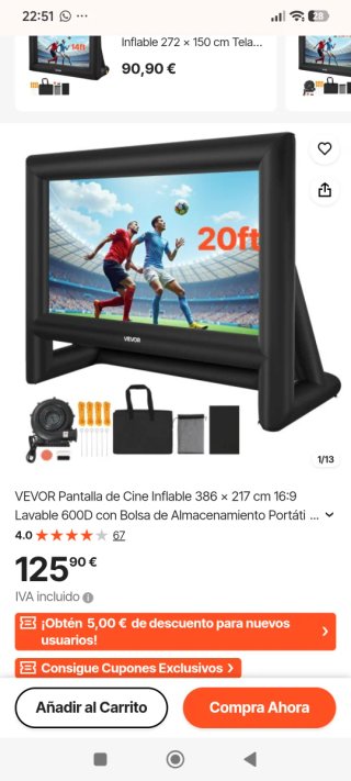 Pantalla de Cine Inflable VEVOR 386 x 217 cm