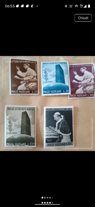 5 Francobolli Poste Vaticane 1965 nuovi