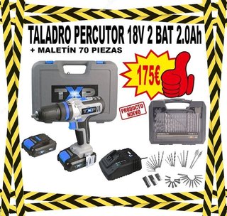 Taladro percutor 18V + maletín 70 piezas