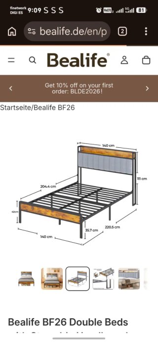 Estructura Cama Metálica con Cabecero Tapizado