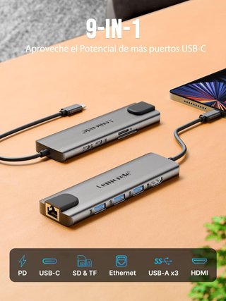 Hub USB-C Lemorele 9 en 1 Aluminio HDMI