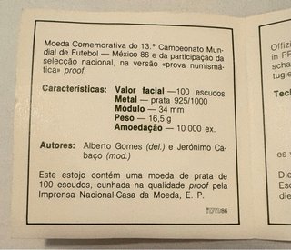Moneta 100 Escudos Mundial Messico 86
