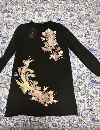 Vestido Zara negro bordado ave y flores