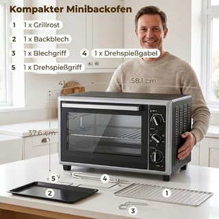 46 L Mini-Backofen mit Drehspieß, Umluft, Temperat