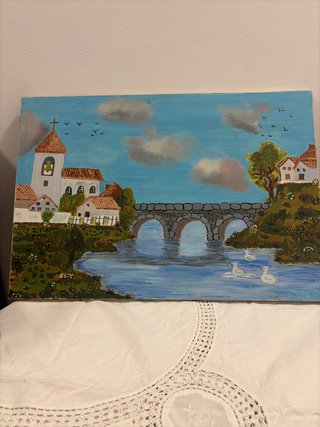 Cuadro al óleo paisaje con puente