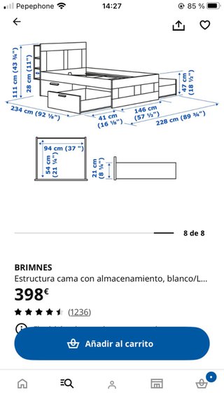 Cama 140cm Ikea Brimnes Base Cabecero y Somier