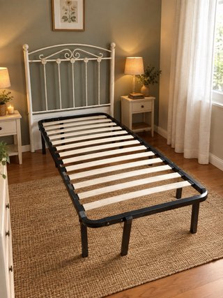 Base de cama metálica con somier de madera