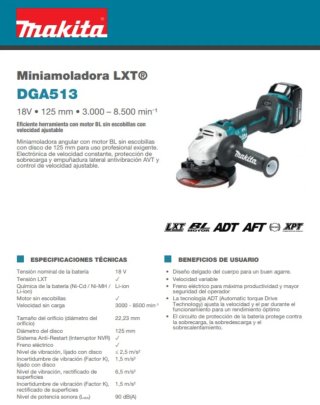 Amoladora Radial Makita DGA513Z 18V