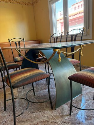 Mesa de Comedor de Cristal y 6 Sillas Vintage
