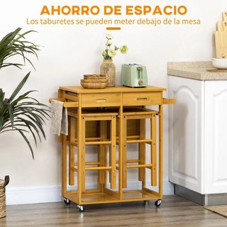Mesa Bar Plegable con Ruedas y 2 Taburetes Marrón