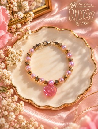 Conjunto Joyería Nancy Rosa y dorado.