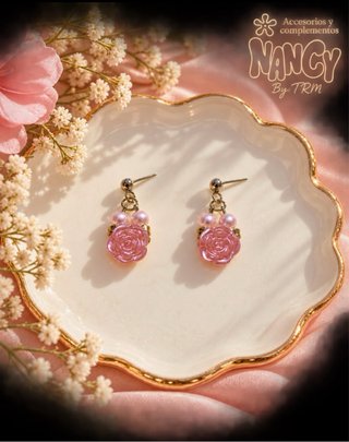 Conjunto Joyería Nancy Rosa y dorado.