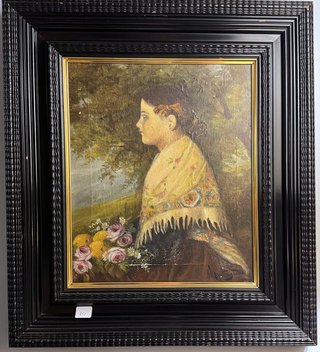 Óleo antiguo: Joven con mantón de Manila