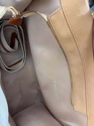 Bolsa de tela beige y azul