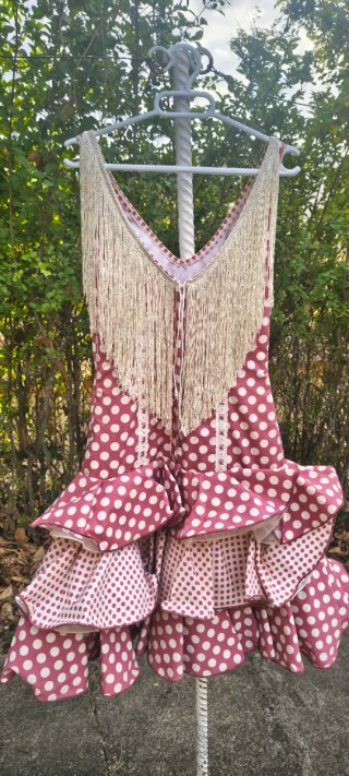 Traje flamenca corto lunares granate flecos T36
