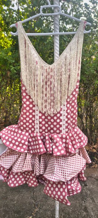 Traje flamenca corto lunares granate flecos T36